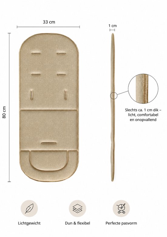 Dun Universeel Buggy Inlegkussen - Buggy Inlegger - Beige/Zand - 33x80x1 cm - Kinderwagen Accessoire — afbeelding 4