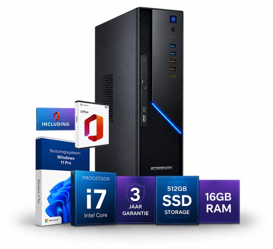 Zwarte ScreenON computer met blauwe LED-verlichting. Inclusief Windows 11 Pro, Microsoft Office, Intel Core i7, 512GB SSD en 16GB RAM.