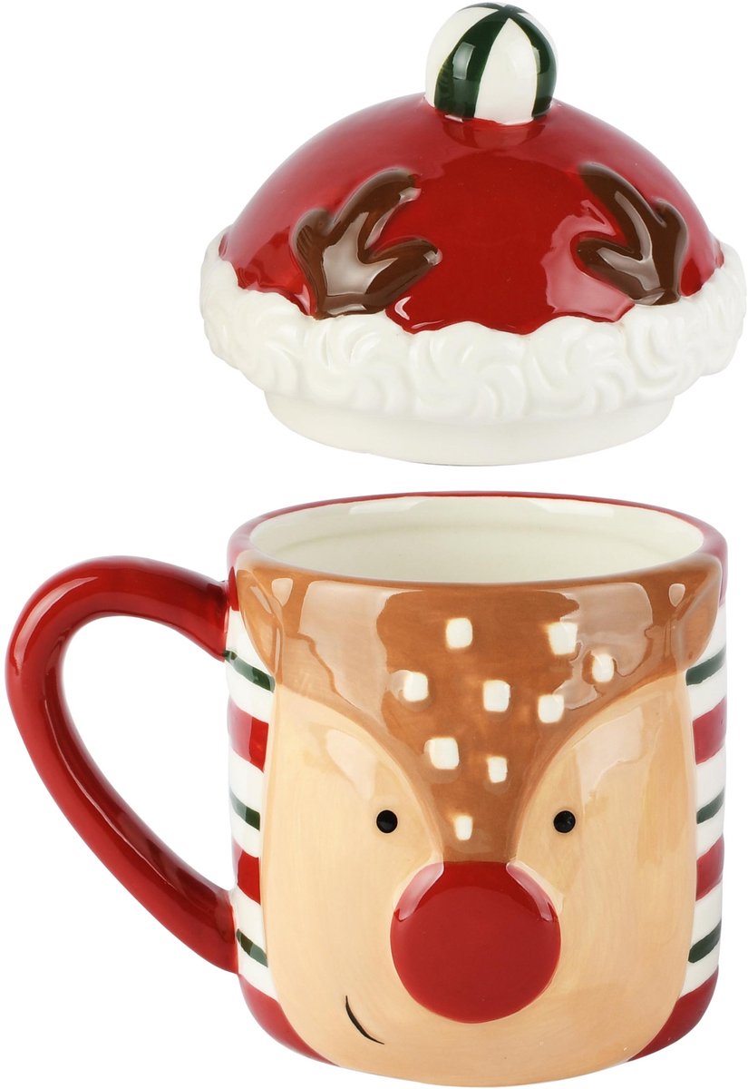 Dekoratief | Mok m/deksel 'Rudolf', rood/bruin, dolomiet, 15x11x17cm | A265657