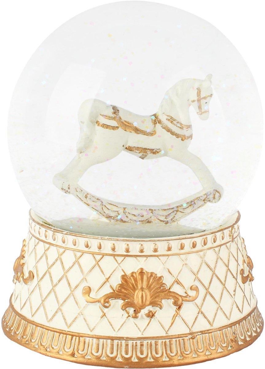 dekoratief Waterbol muziekdoos m/paard, wit/goud, resina/glas, 10x10x14cm | A265720 transparant