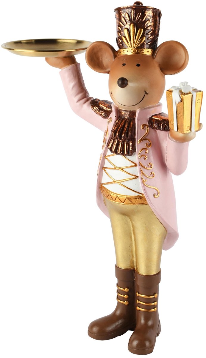 Dekoratief | Muis staand m/cadeautje/dienblad, roze/bruin, resina, 25x11x36cm | A265880