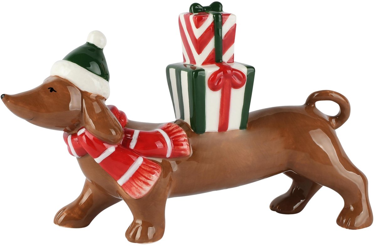 Dekoratief | Kersthond m/cadeautjes, bruin/groen/rood, keramiek, 21x6x12cm | A265365