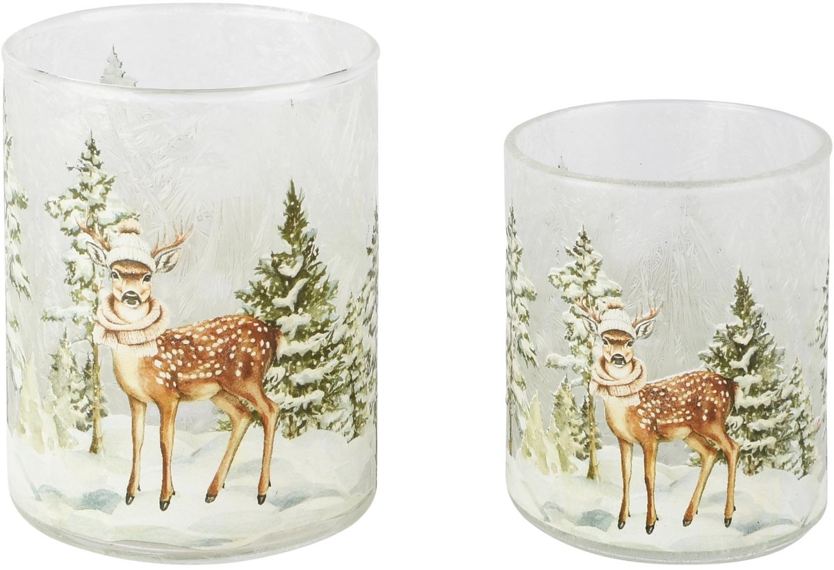 Dekoratief | Set 2 theelichthouders 'Winter Fawn', glas, 8x8x10cm | A265259
