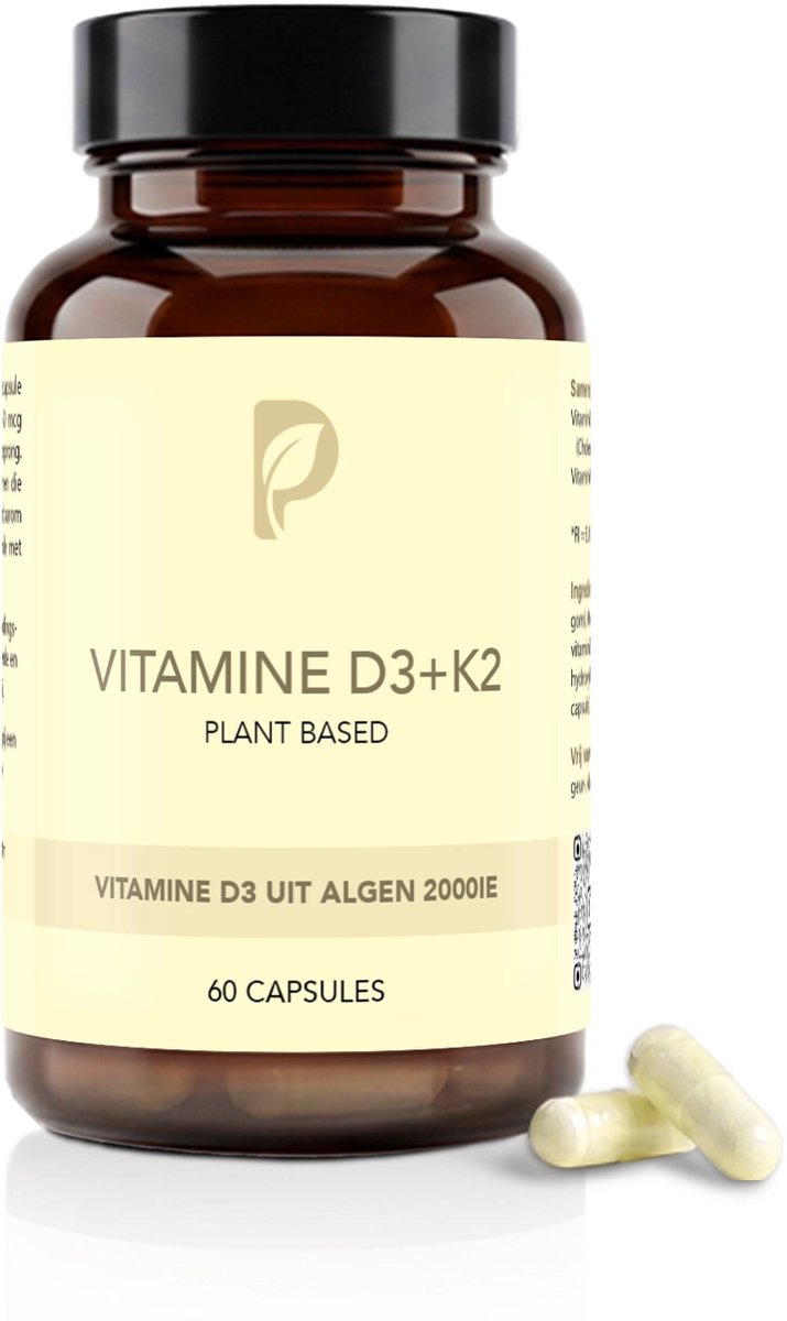 Plant Based Body – Vitamine D3 + K2 (MK-7) – Uit Algen – 2000 IE – Hoge Dosering – Verbeterde Opname – Ondersteunt Immuunsysteem, Botten en Calciumopname – 60 Vegan Capsules