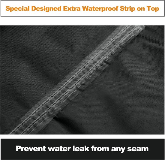 Close-up van de waterdichte naad van de parasolhoes, "Special Designed Extra Waterproof Strip on Top".