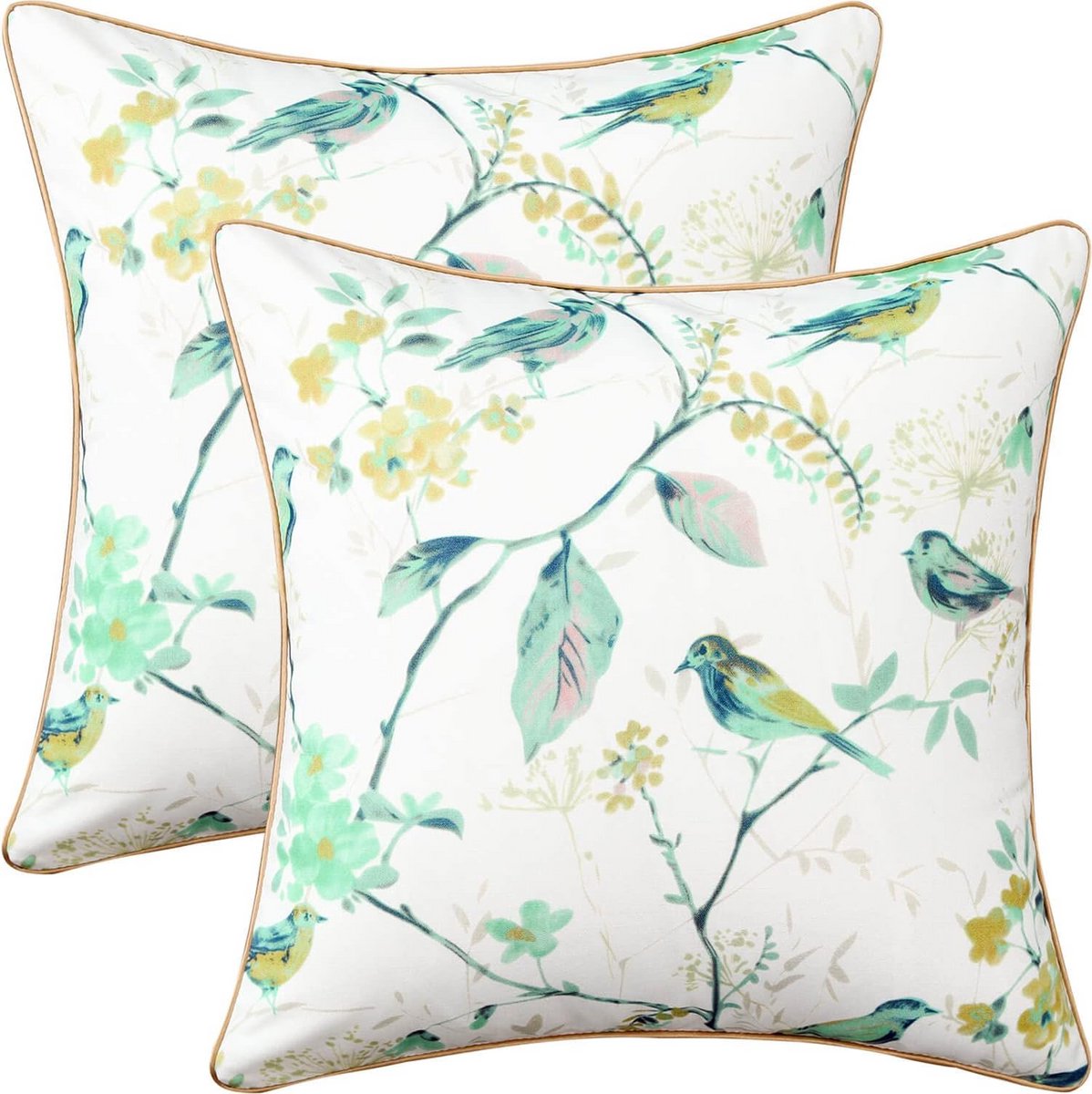 Set van 2 Sierkussenslopen 45x45 cm - Groen Vogel Bloemen Patroon - Landelijke Woondecoratie voor Bank en Bed