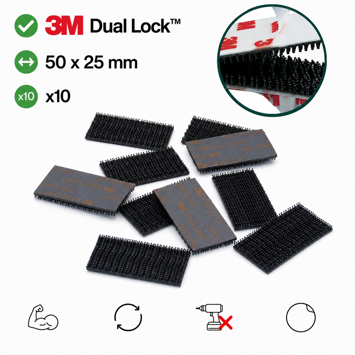 3M Dual Lock Zelfklevende Rechthoekjes 50 x 25 mm – 10 Stuks – Ultra Sterke Herbruikbare Bevestiging – Zwart
