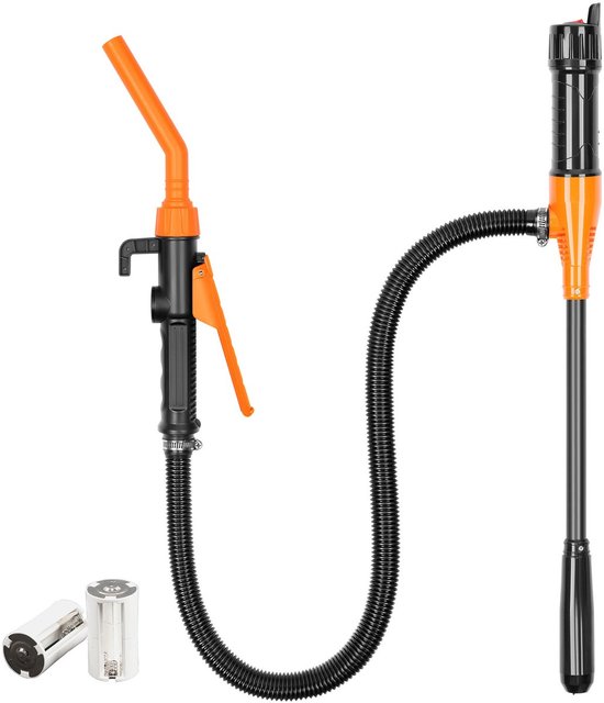 Zwarte elektrische hevelpomp met oranje bovenkant, zwarte flexibele slang en batterijen.