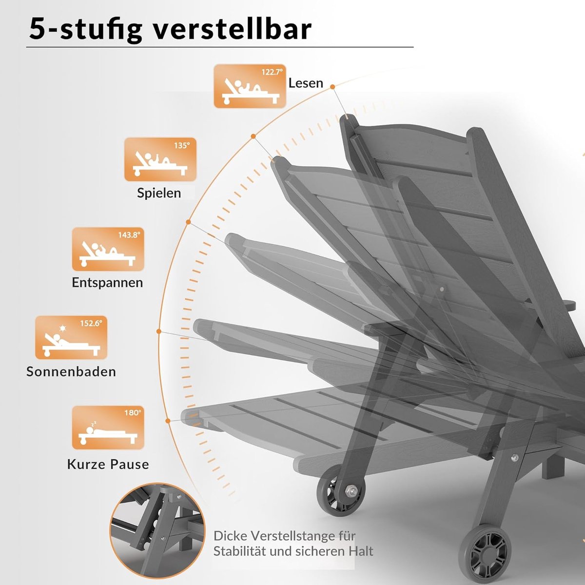 Ligstoel met Wielen 194 x 62 x 95 cm - Verstelbare Tuinligstoel met Inklapbaar Zijblad, 5-Standen Rugleuning, Weerbestendig HIPS Materiaal, Luxe Zonneligbed voor Tuin, Terras, Balkon, Zwembad & Strand - Mobili Bella
