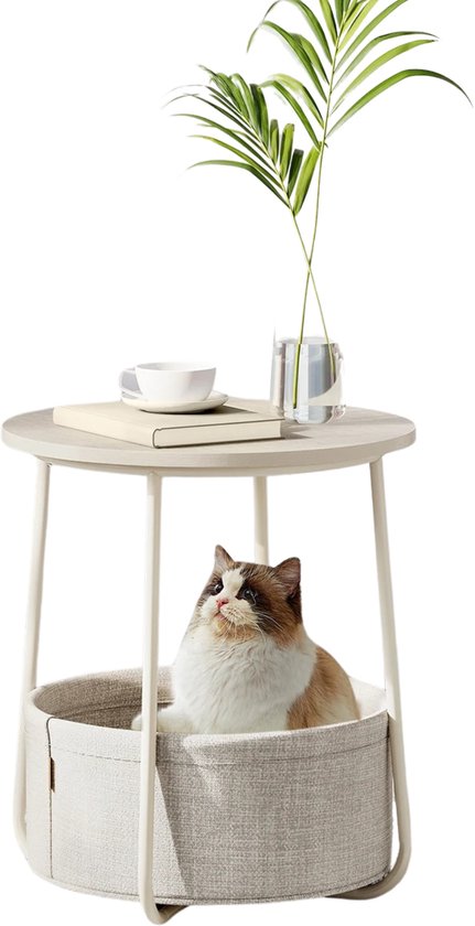 Damenzo - Bijzettafel - Bijzettafeltjes woonkamer - Bijzettafel buiten - Inclusief opbergmand - Nachtkastje - 45x50 cm - Creamy white