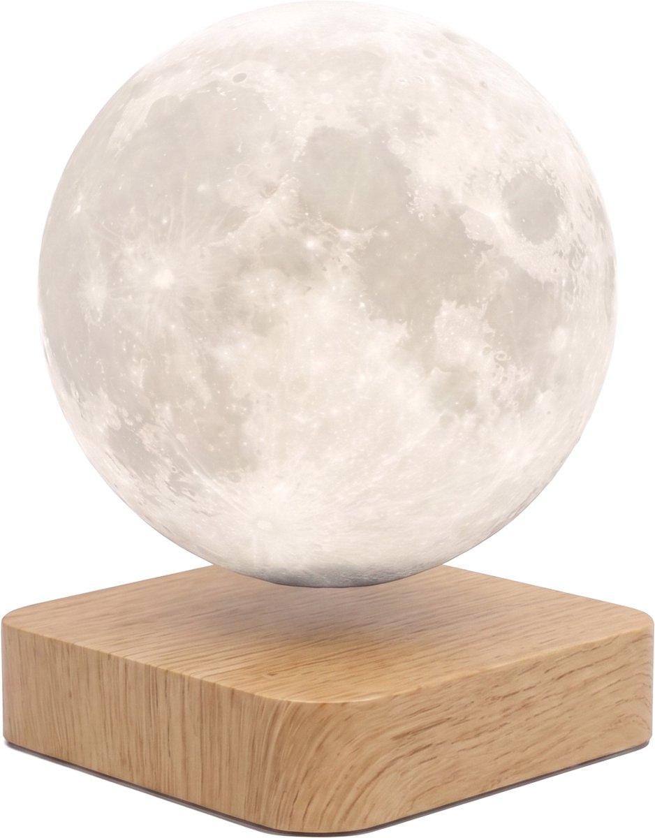 TIN-IN Zwevende Maanlamp Licht Eiken Hout – Magnetische Levitatie Tafellamp – LED Lamp met 3 Lichtkleuren – Sfeerverlichting voor Slaapkamer & Woonkamer – Nachtlamp