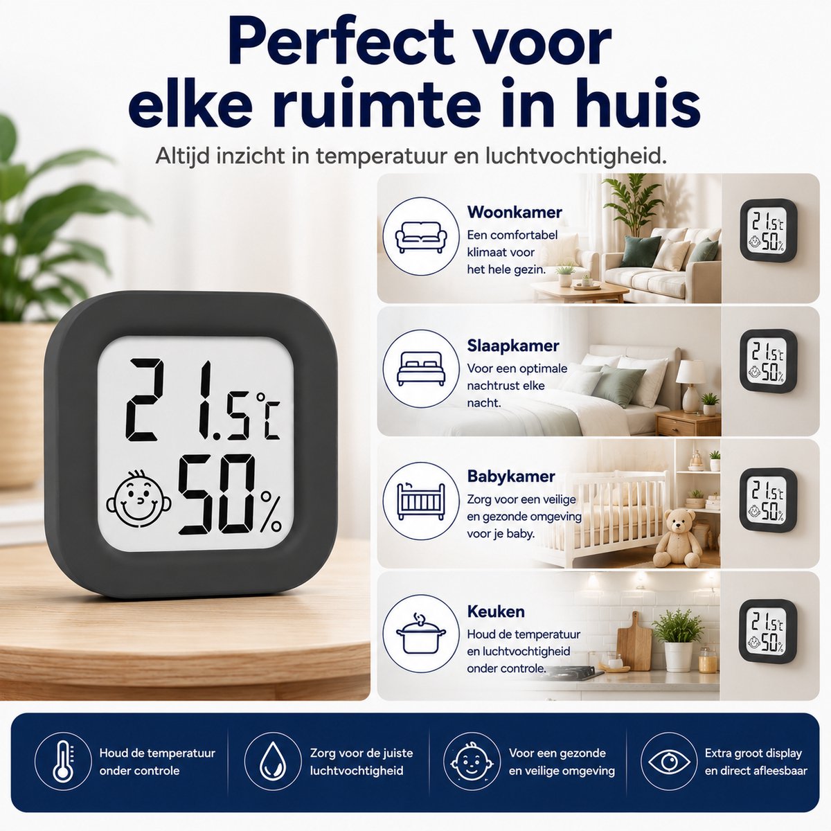 Joybelli® Digitale Hygrometer met Temperatuurmeter – Luchtvochtigheidsmeter voor Babykamer, Slaapkamer en Woonkamer – Inclusief 2 Batterijen — cadeau in Cadeau-ideeën - foto 3