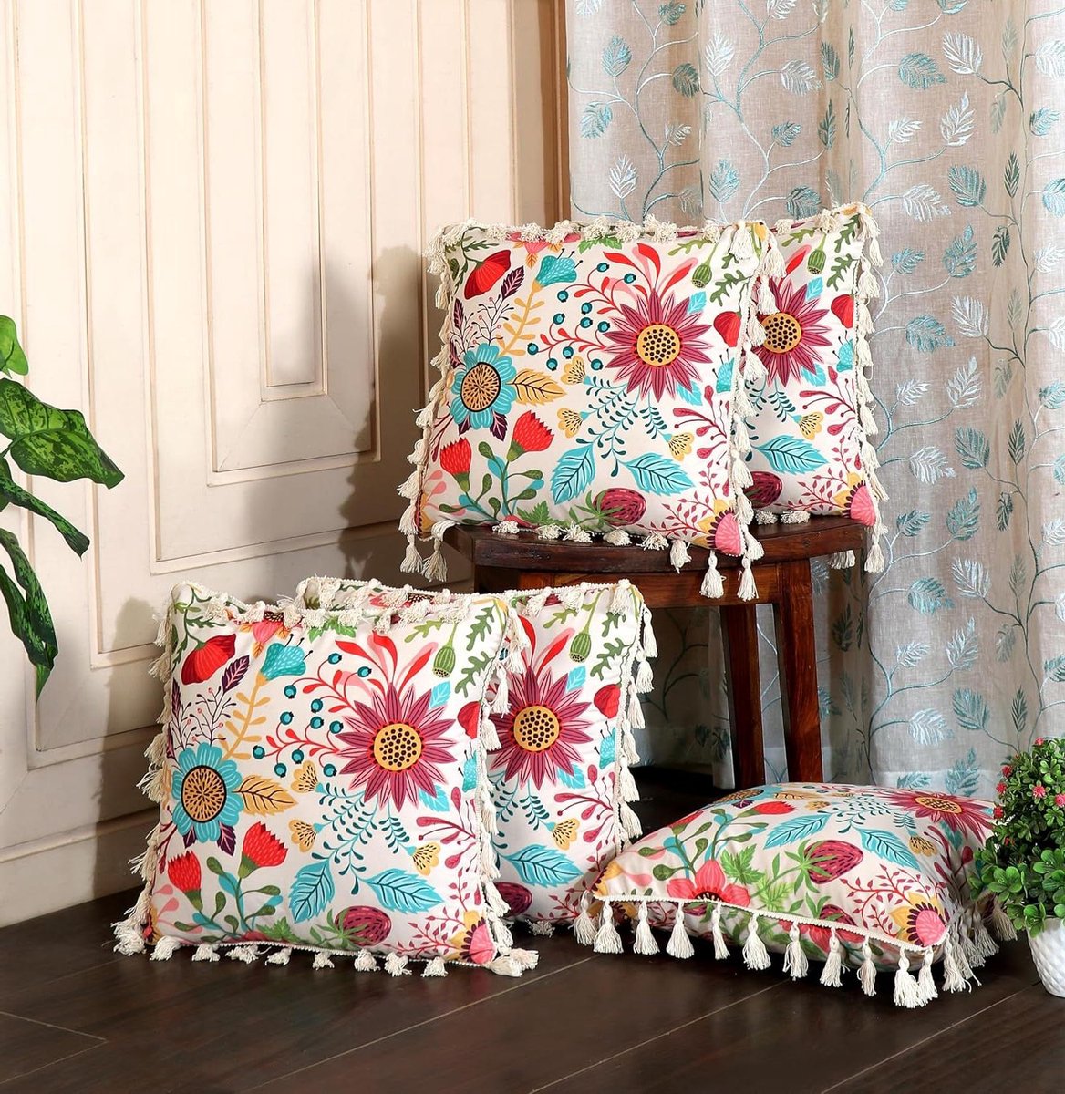 Kussenhoezen Set - Decoratieve Hoezen - Interieur Verfraaien - Prachtige Franjes - 5 Stuks 40x40 - Zon Tuin