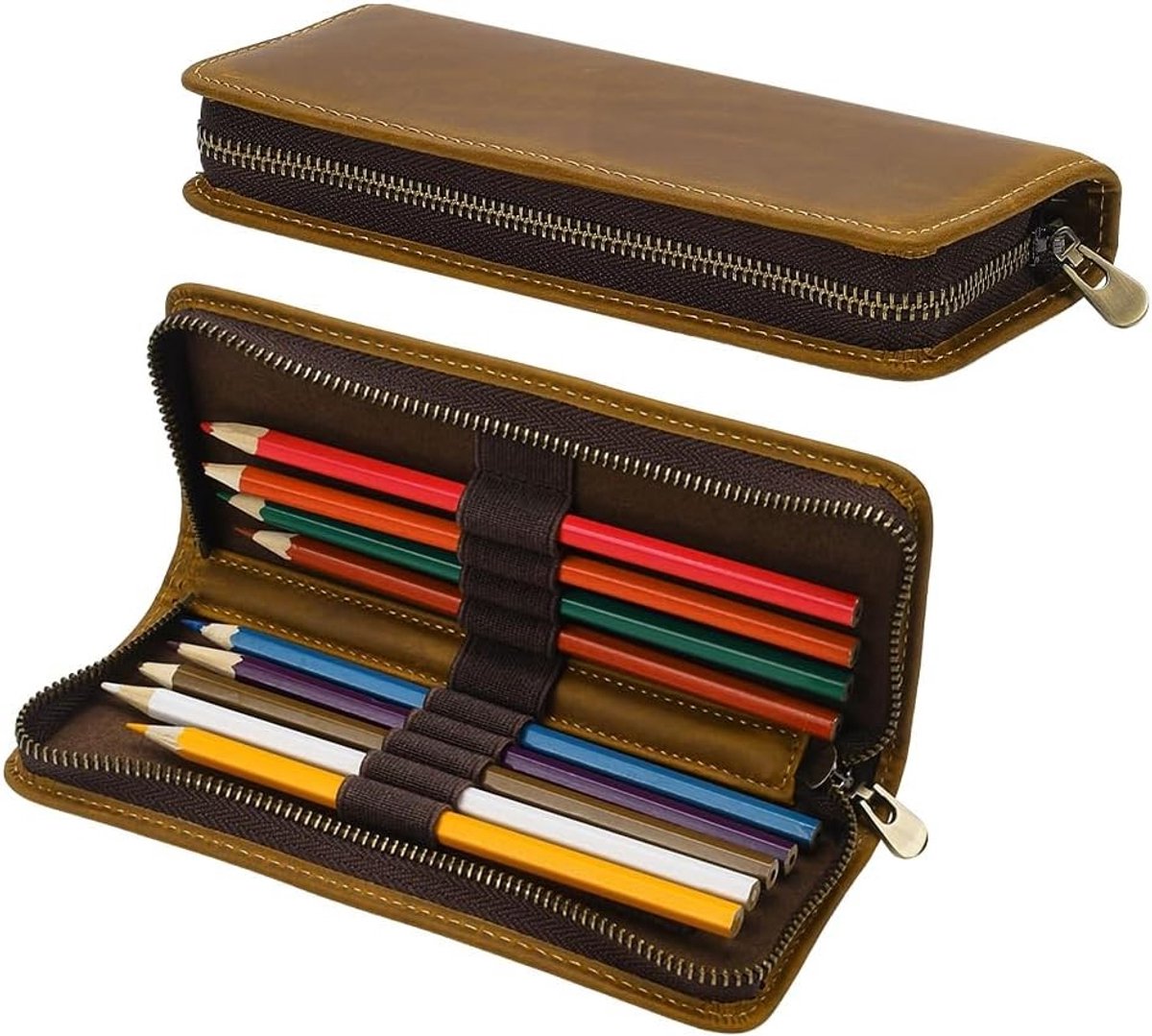 Lederen etui organizer voor pennen, rechthoekig pennenzakje met ritssluiting, 10 verdeelde sleuven voor vulpennen, markers en kunstbenodigdheden, 198 x 81,5 x 35,5 mm