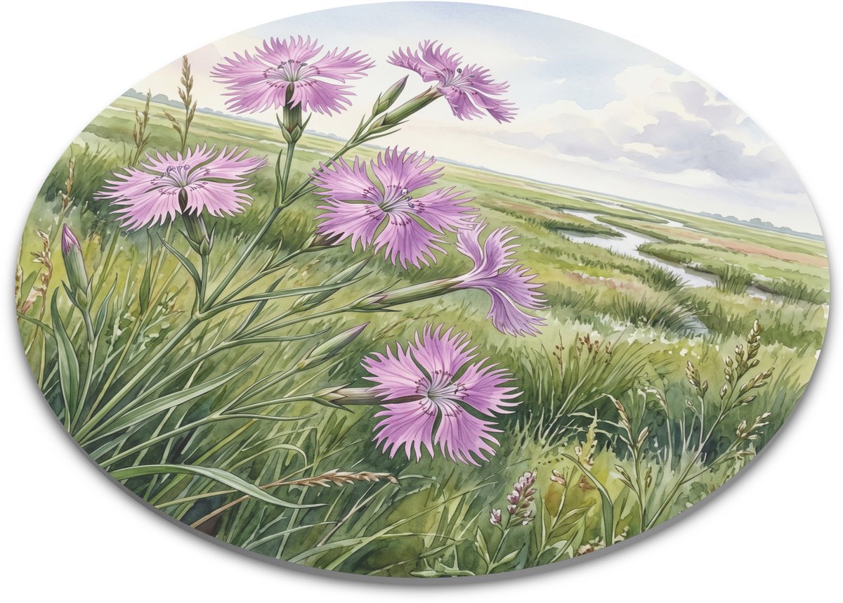 Ronde Muismat - Prachtanjer in Hollands Weidelandschap - Botanische Aquarel Bloemen - Cadeau voor Dierenvriend - Diameter 22 cm