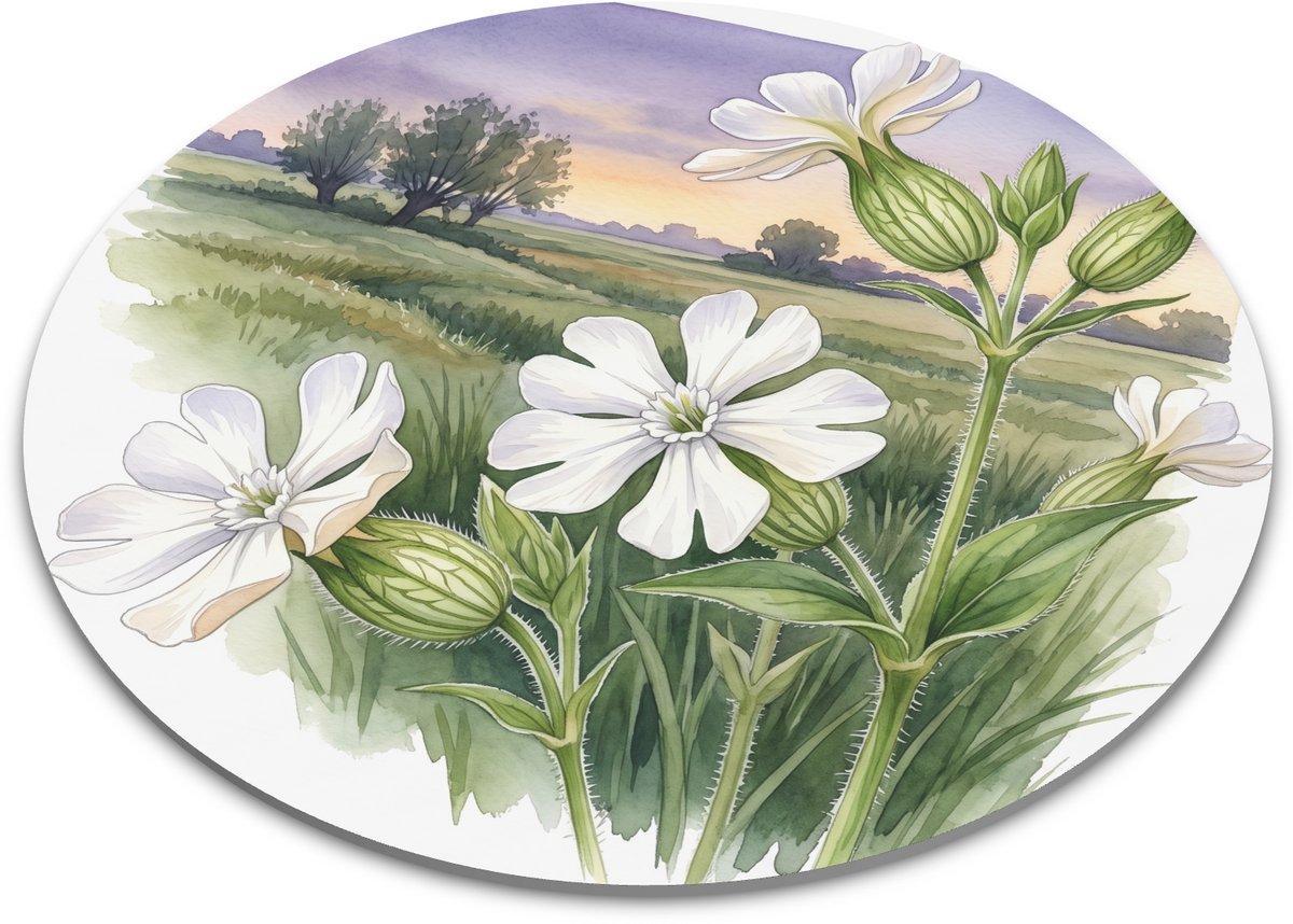 Ronde Muismat - Nachtkoekoeksbloem in Hollands Weidelandschap bij Avond - Botanische Aquarel - Cadeau Dierenvriend - Diameter 22 cm