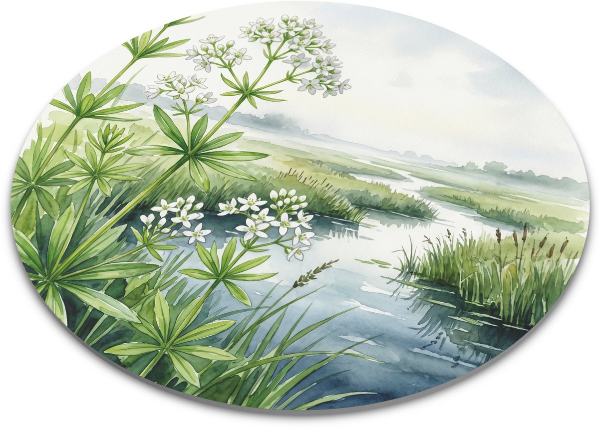 Ronde muismat - Moeraswalstro in Hollands Polderlandschap - Botanische Waterverf Illustratie - Diameter 22 cm