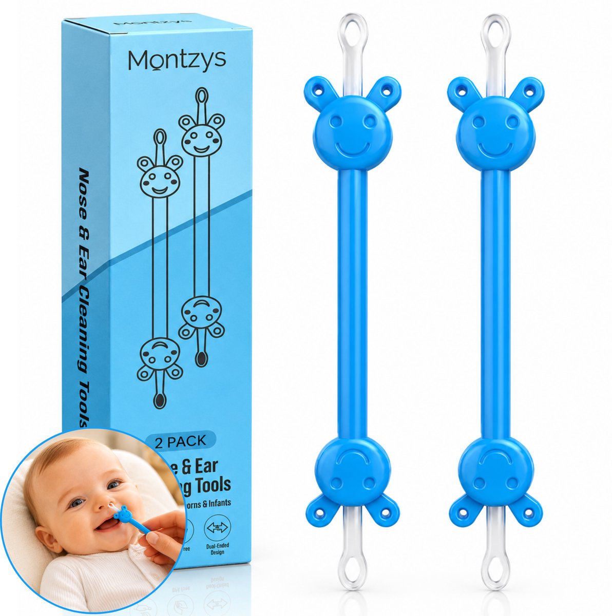 Montzys® Neusreiniger Baby - 2 Stuks - Alternatief voor Neuspeer of Neuszuiger - Oorreiniger & Snoetenpoetsers