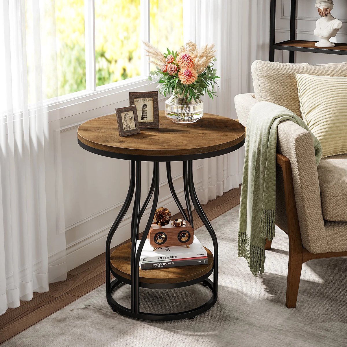 Questyr Ronde Bijzettafel – 2‑Laags – Bruin/Zwart – Moderne Houten Bijzettafel met Opbergplank – Nachtkastje & Banktafel zwart / donkerbruin