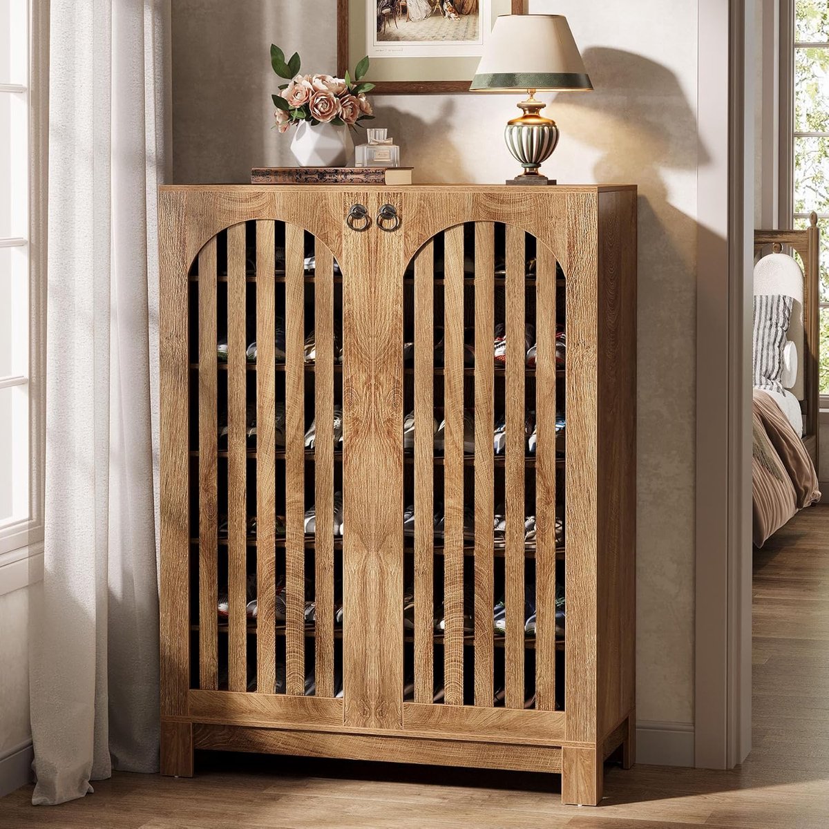 Schoenenkast met Lamellendeuren – House&Garden Schoenenrek 6 Niveaus voor 24 Paar Schoenen – Smalle Opbergkast 73x35x109 cm – Eiken Look Schoenenkast met Verstelbare Planken voor Hal, Woonkamer & Slaapkamer