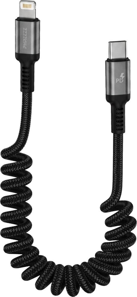 Uitrekbare Kabel geschikt voor iPhone - 30W Snelle Oplaadkabel geschikt voor iPhone - Uitrekbare USB kabel geschikt voor Apple CarPlay - USB C naar Lightning - Krulsnoer - Spiraalkabel