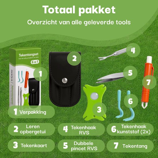 Totaal pakket met 7 tekengereedschappen: verpakking, leren opberg etui, tekentang, tekengereedschap van RVS, dubbele pincet, tekengereedschap van kunststof, en een tekentang.