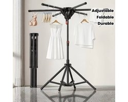 6-Arm Metalen Stang Gemaakte Kleding Droogrek, Opvouwbaar Kledingrek, Hoogte En Breedte Verstelbaar, voor Binnen- En Buitengebruik, Laadvermogen 35-40Kg, met 20 Winddichte Haken En 2 Sokkensluiters, Ruimtebesparend Ontwerp, Stevig En Duurzaam