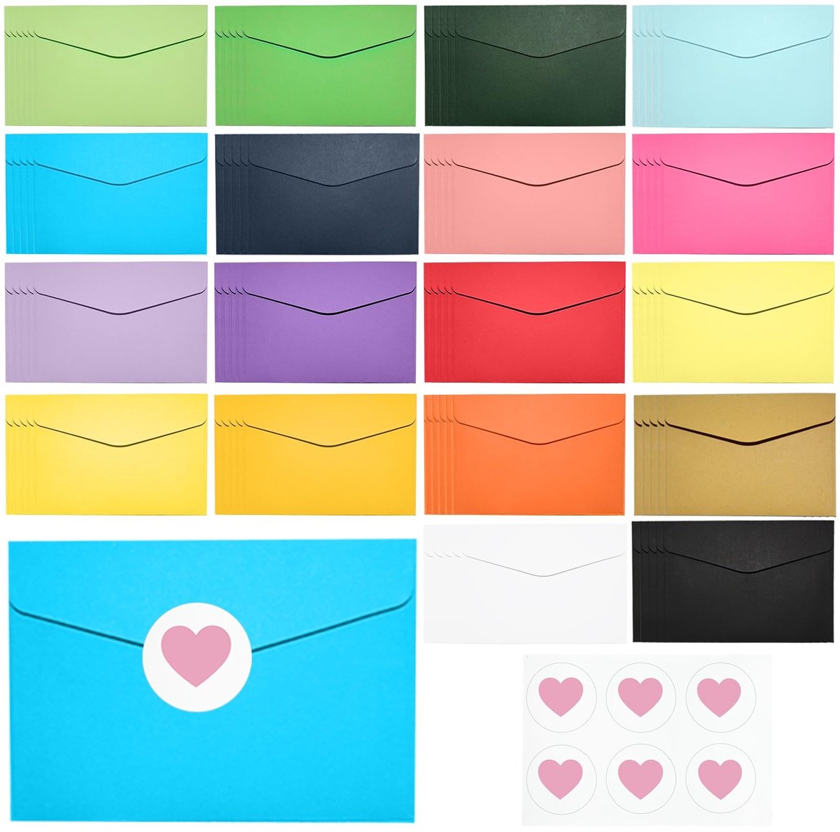 MTTproducts- Mini-Enveloppen 90 Stuks - Kleurrijk - 115 x 82 mm - Hartvormige Zelfklevende Stickers - Bruiloft/Verjaardag - Kleine Gekleurde Enveloppen