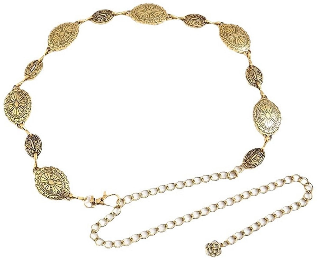 MTTproducts- Kettingriem Verstelbaar - Antiek Gouden Tailleband - Vintage Concho - Boho Stijl - Geschikt voor Jeans/Jurken - 110 x 3 x 0,4 cm - Riem