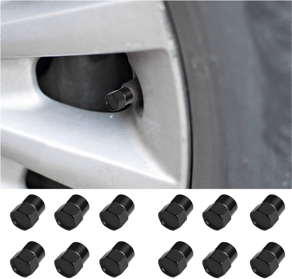 MTTproducts- Bandenventieldoppen 12 Stuks - Zeshoekige Afdichting - Aluminiumlegering - Lekvrij/Stofdicht - Universeel - Afmetingen 10 x 14 mm - Ventieldoppen