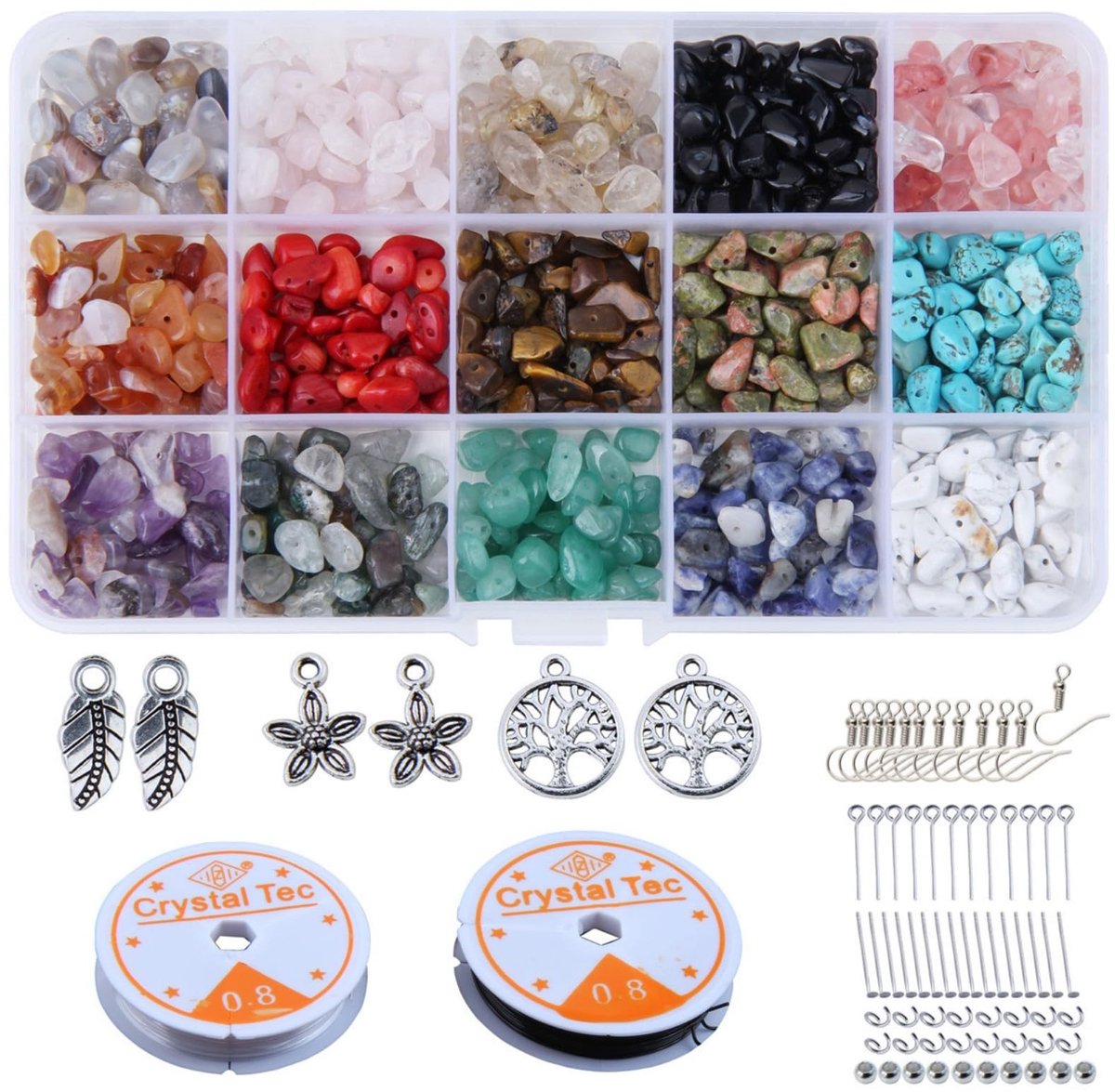 MTTproducts- Oorbellen Set - Natuurlijke Edelstenen - 15 Kleuren - 5-8 mm Kralen - Sieraden Maken - Inclusief Metalen Accessoires - Doos 17,2 x 10 x 2,3 cm
