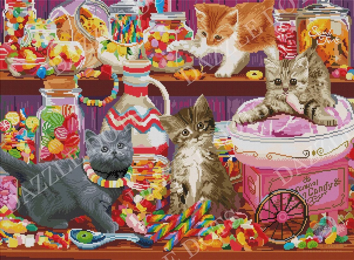 Diamond Painting - 7024 Candy Cats - Kittens in het Snoep - Letistitch (75 x 55) vierkante steentjes