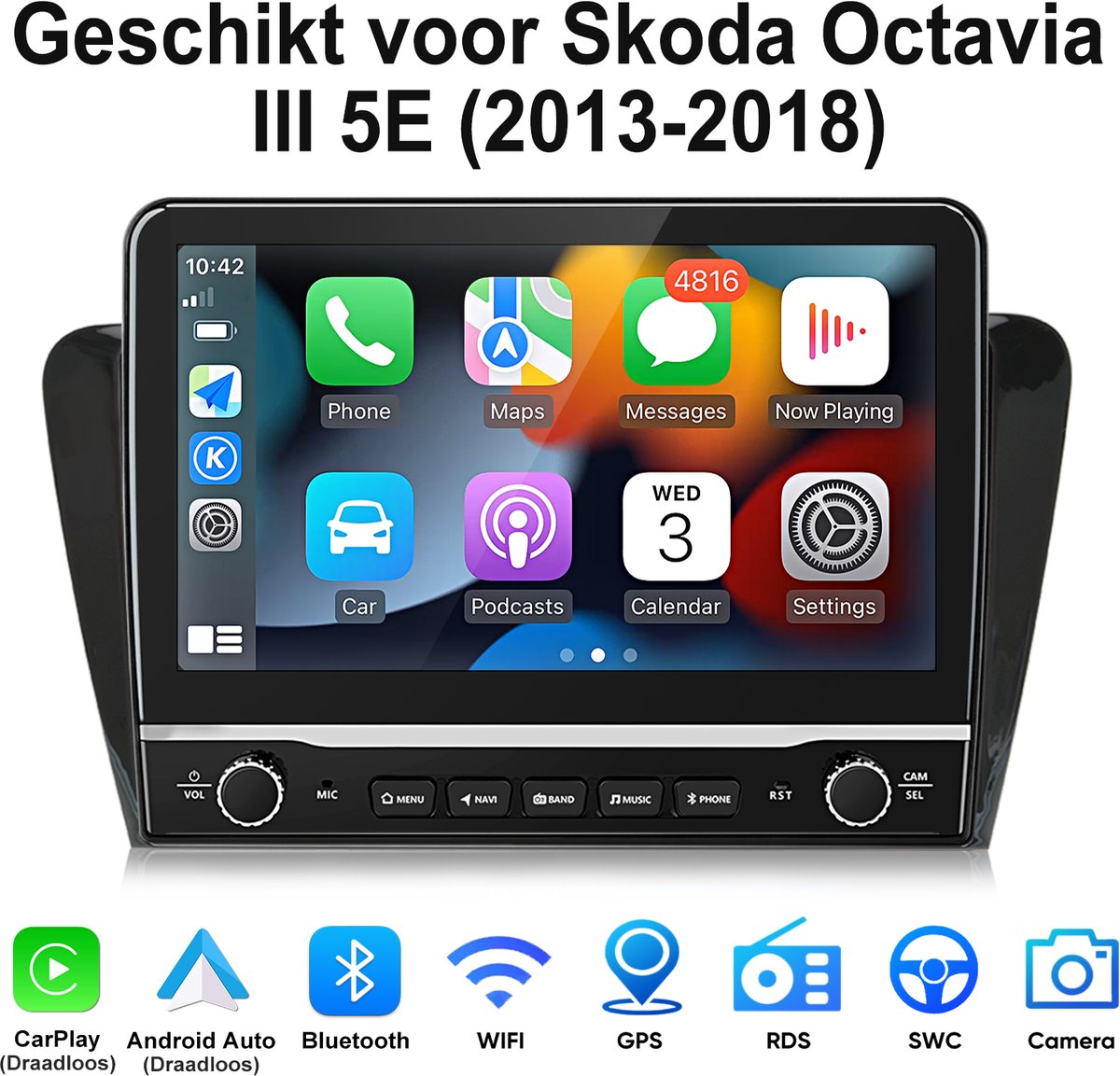 JUNSUN Autoradio Geschikt voor Skoda Octavia III 5E (2013-2018), 2+64GB, Draadloze CarPlay & Andriod Auto, DAB+, GPS-navigatiesysteem, Bluetooth, Stuurwielbediening, WiFi, 10.1-inch Touchscreen, DSP, Quad-core processor