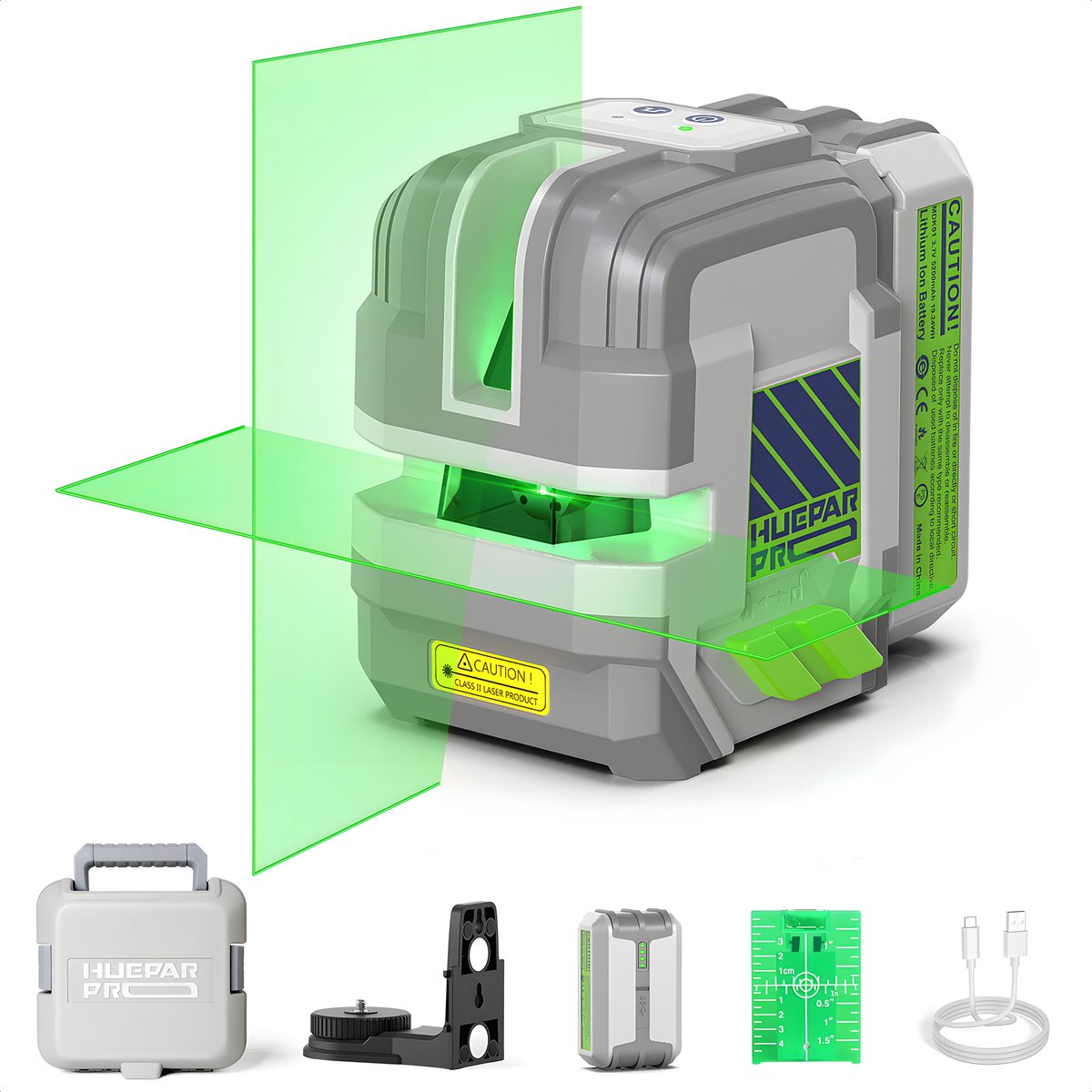 Huepar Pro Kruislijnlaser Zelfnivellerend – 18 Uur Batterij – Groene Lijnlaser met Pulsmodus – Laser Waterpas – Bouwlaser met Magnetische Beugel & Hardcase – USB-C Oplaadbaar - Lijnlaser voor Tegels & Klussen – GK011SG
