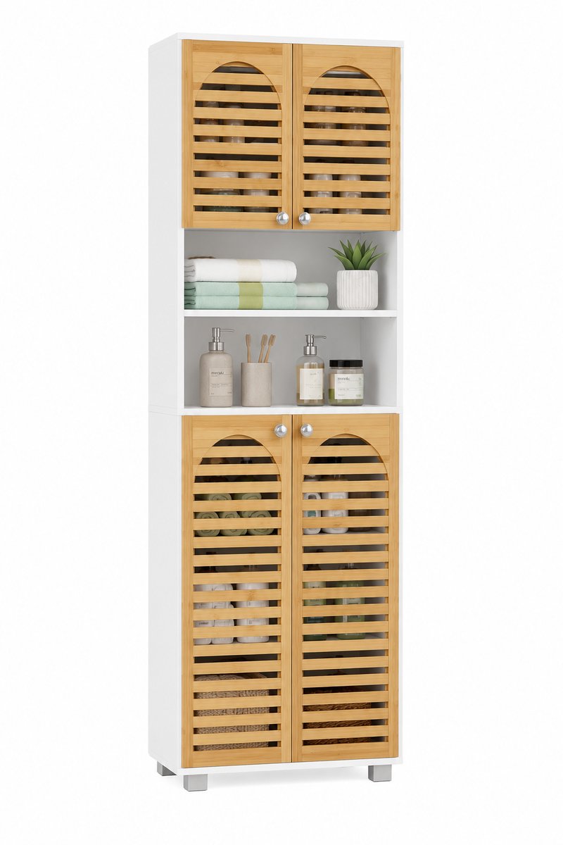 CINK Home® Badkamerkast met Bamboe Deuren - Hoge Opbergkast 171 cm - Smalle Kast met Verstelbare Planken - Wit/Naturel - 60 x 30 x 171 cm