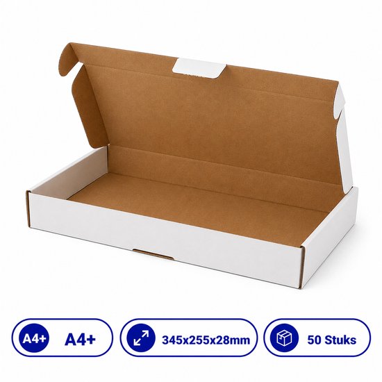 Witte, opengeklapte brievenbusdoos van golfkarton. Met labels A4+, afmetingen 345x255x28mm en 50 stuks.