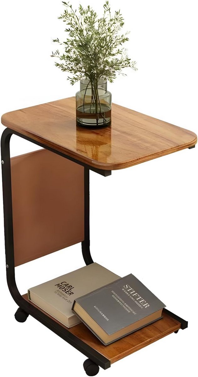C-vormige Bijzettafel met Wielen en Opbergtas - Verrijdbare Salontafel