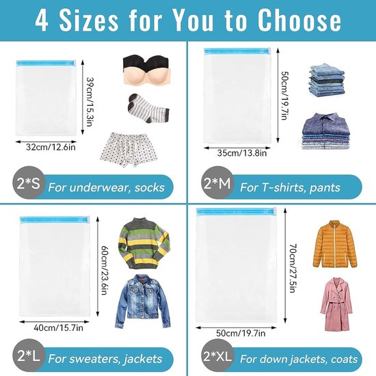 Vacuümzakken Set - Compressiezakken Kleding - Ruimte Besparen - Pomploze Compressie - 8 Stuks 4 Maten - Transparant — afbeelding 3