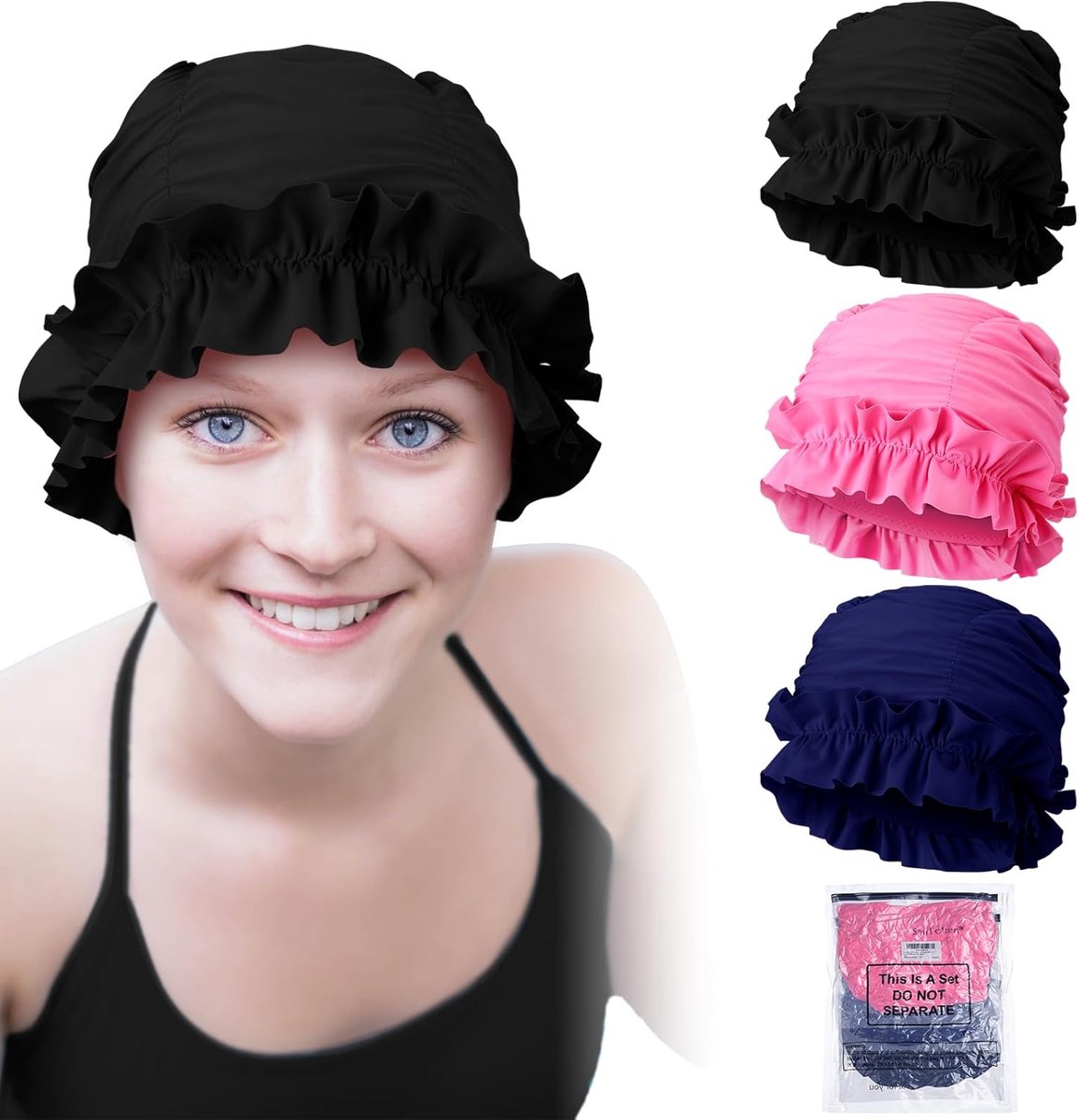 Set van 3 Zwem Petten voor Dames en Volwassenen met Ruches - Waterdichte Bescherming voor Lang Haar
