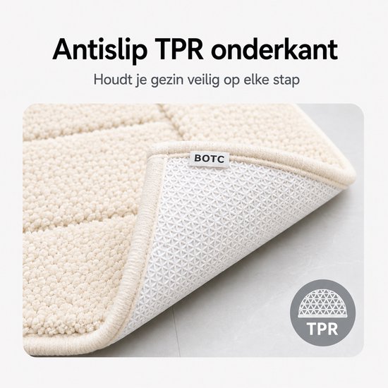 Dichtbij van de beige badmat, de achterkant met een antislip TPR-onderkant.