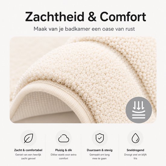 Een close-up van de beige badmat die de dikke, pluizige textuur en de rand toont.