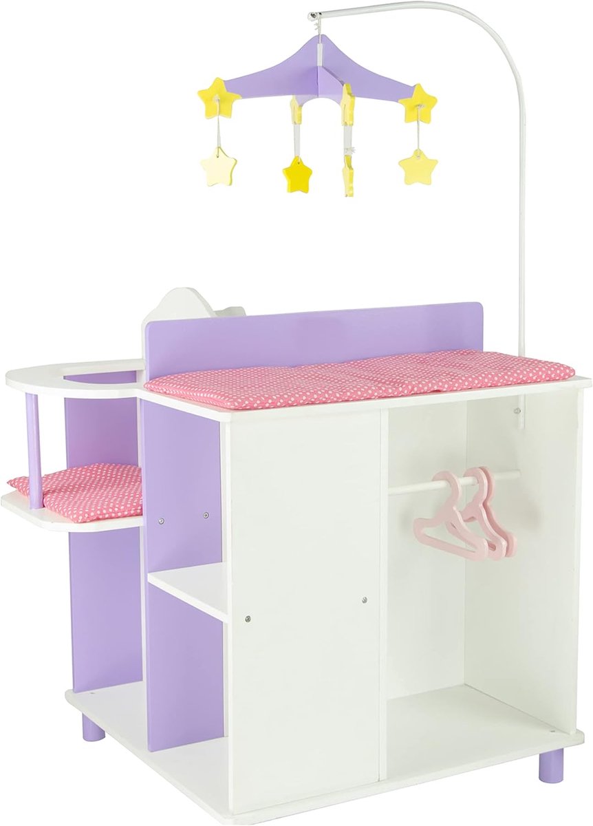 Poppen commode - Baby station - Poppen verzorgen - Inclusief accessoires - 58 x 48 x 98 cm - Paars/Wit