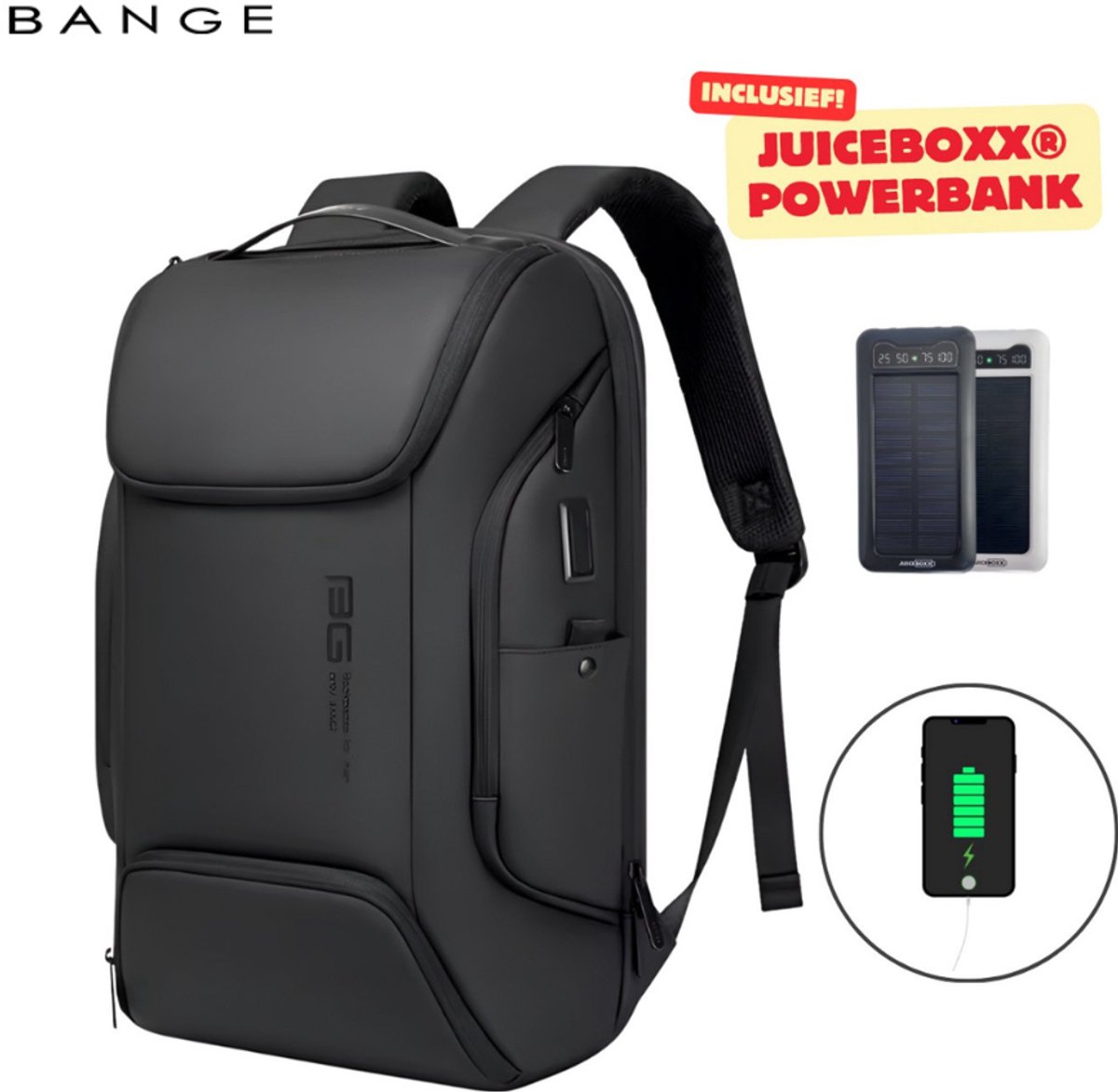 CarryQuest® - BANGE Laptop Rugzak 15.6 inch - Inclusief JuiceBoxx® Solar Powerbank - Zakelijke Business Backpack met USB Oplaadpoort - Waterafstotende Rugtas met Laptopvak & Anti-Diefstal Vak - Zwart