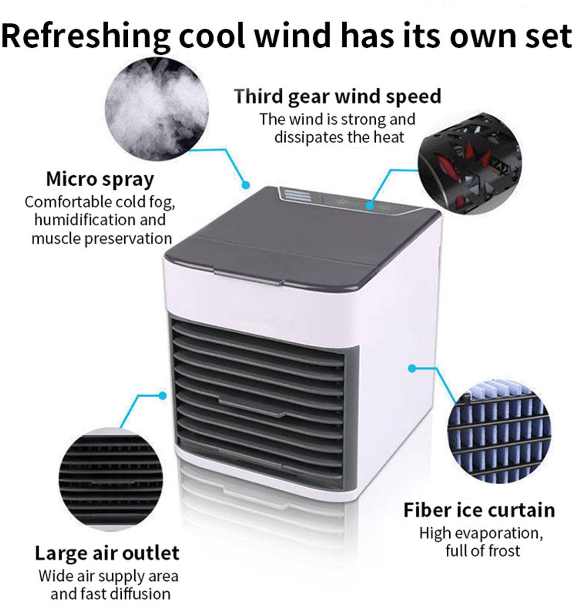 Airco -Mobiele Airco en Luchtkoeler met 6 Snelheden - Premium Mini Cold Air Fan 500ml - Stille Tafelventilator met LED Verlichting en Luchtfilter - Draagbare Luchtkoeler voor Slaapkamer en Kantoor - USB Aircofan – foto 7