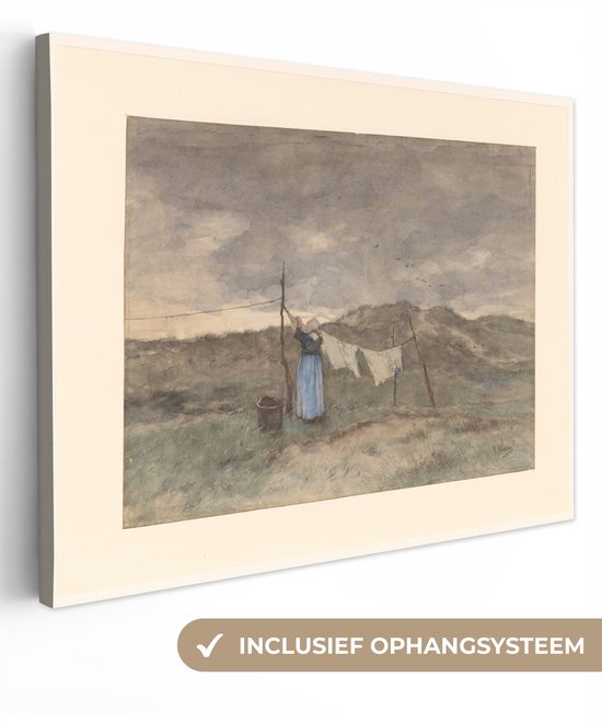 Canvas schilderij 80x60 cm - Wanddecoratie Vrouw bij een waslijn in de duinen - Schilderij van Anton Mauve - Muurdecoratie woonkamer - Slaapkamer decoratie - Kamer accessoires - Schilderijen op canvas