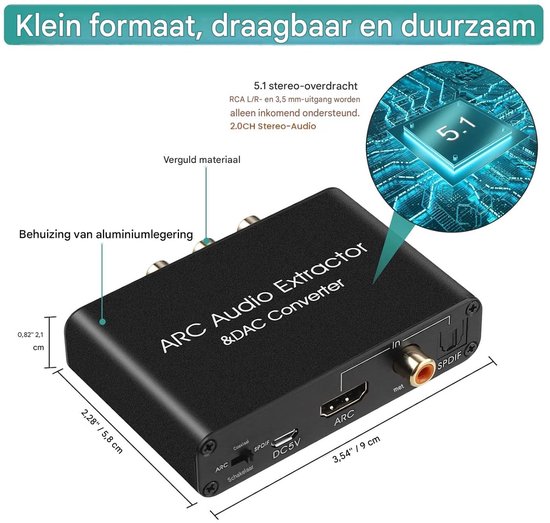 carmdering - HDMI ARC Audio Extraktor - HDMI Geluidskaart Extractor - Digitale Audio Converter - ARC Audio Terugkanaal Functie - Aluminium Metalen Behuizing - CEC Volumeregeling Ondersteuning - Compatibel Met TV En Soundbar - 1 Stuk van Carmdering — afbeelding 2