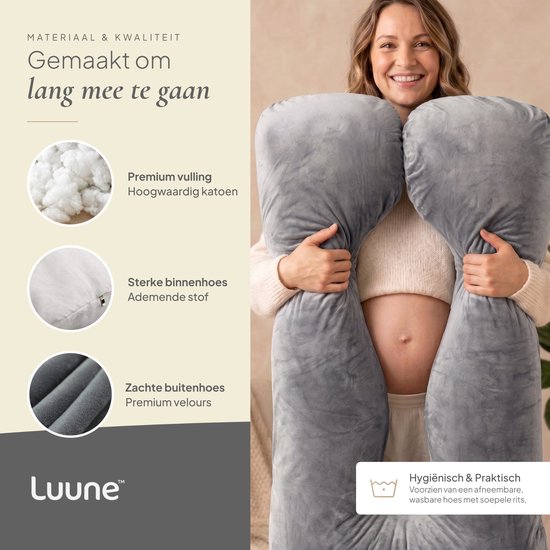 Luune Zwangerschapskussen XXL U-Vorm 280 cm - Traagschuim - Extra Stevig Gevuld - Zijslaapkussen, Voedingskussen & Lichaamskussen (Body Pillow) - Afneembare Velours Hoes - Grijs — afbeelding 5