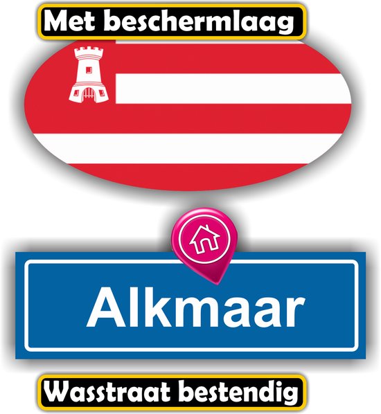 Ovalen sticker met de vlag van Alkmaar en een blauw bord met de tekst "Alkmaar" en een huisje icoon. Met beschermlaag, Wasstraat bestendig.