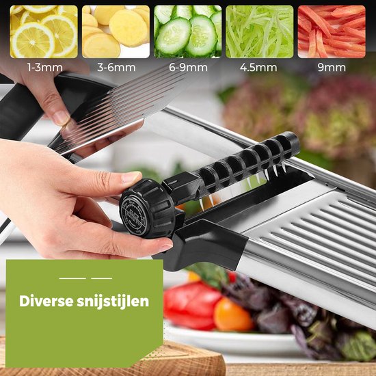 Mandoline snijdt wortel, met afbeeldingen van verschillende snijopties en gesneden groenten.