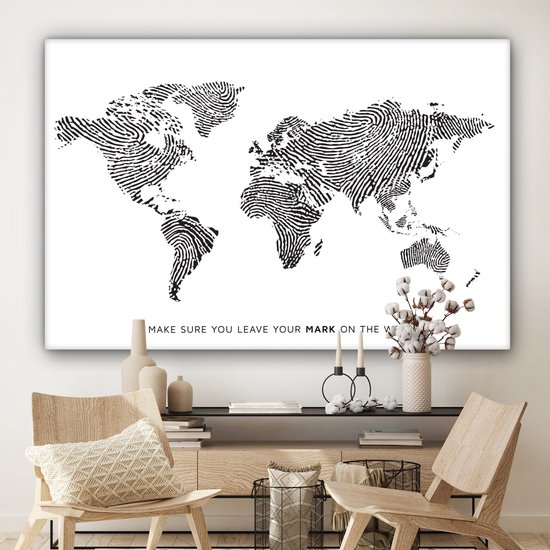 Wereldkaart en toile - Citation - Empreinte digitale - 180x120 cm - Décoration murale